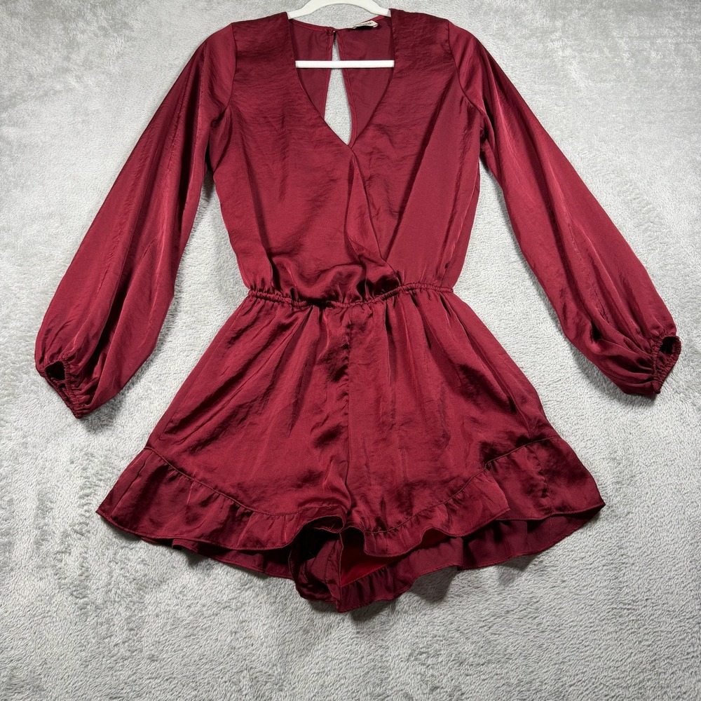 Show Me Your‎ Mumu Rocky Romper Womens Small Burgundy Satin Long Sleeve Ruffle